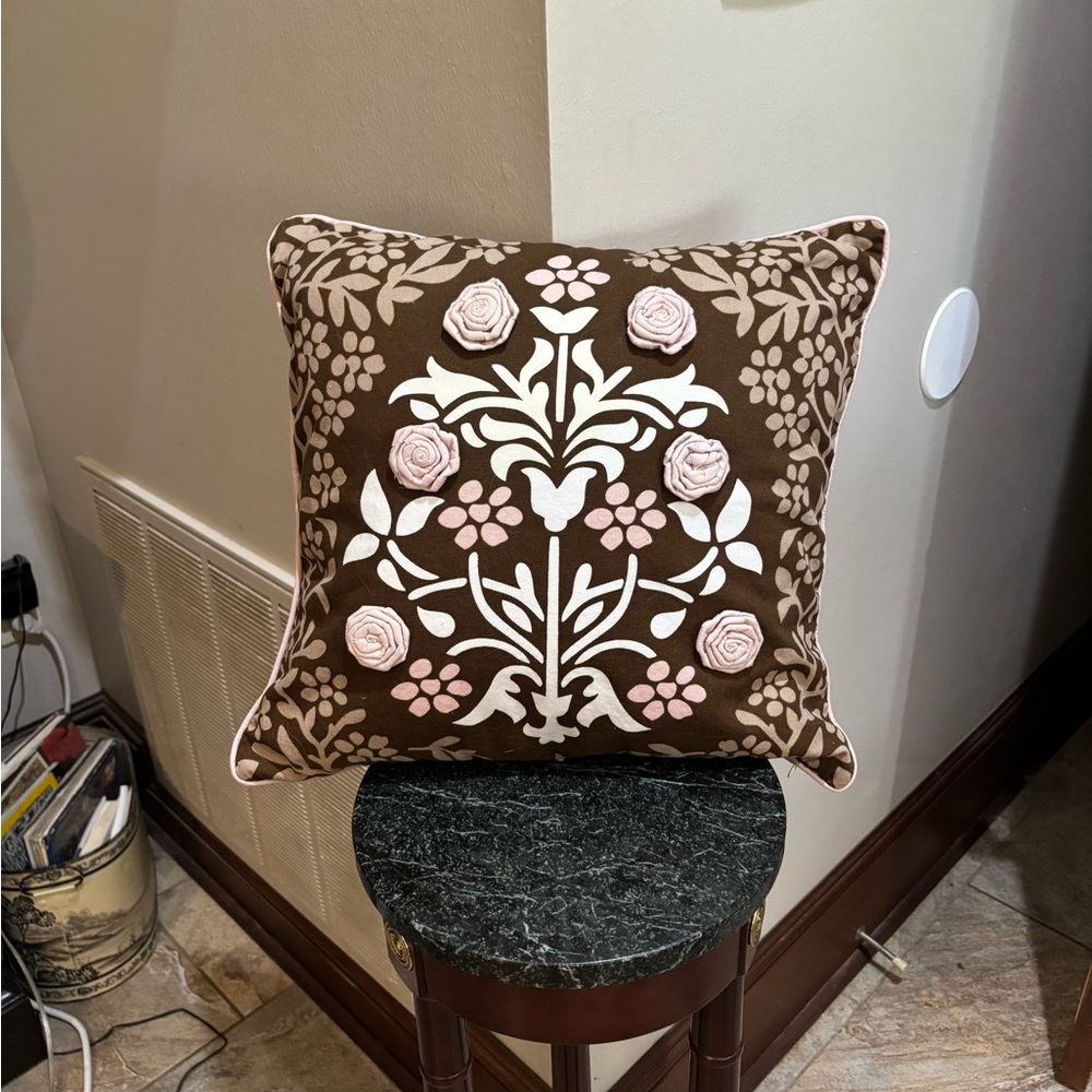 Set Of Three Decorative Pillows. Brown And Pink Rose Appliqué - Picture 2 of 12
